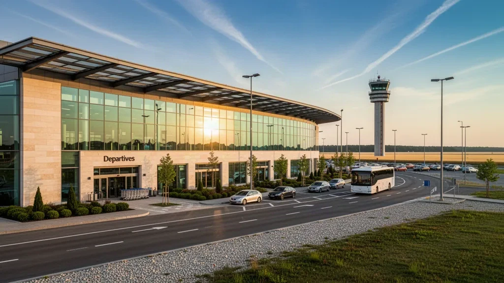 Modern glass terminal and kerbside drop-off lanes at Mihail Kogălniceanu International Airport near Constanța at golden hour