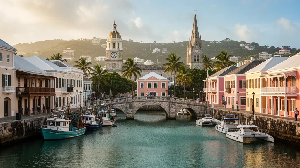 Lungomare storico di Bridgetown a Saint Michael, Barbados, con barche lungo il Careenage ed edifici coloniali nella calda luce pomeridiana.
