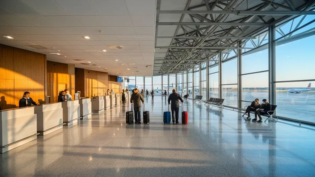 Interior luminoso de la terminal y sala de facturación en el Aeropuerto Internacional Mihail Kogălniceanu, cerca de Constanța, Rumanía, con paredes de cristal iluminadas por el sol y viajeros.