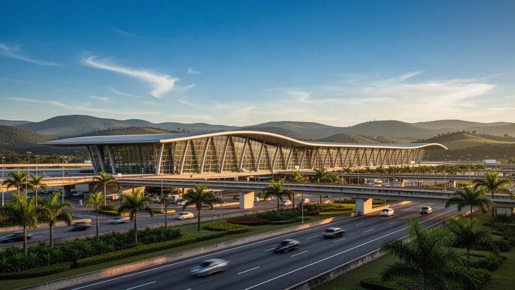 Modern glass terminal facade of Tancredo Neves International Airport in Confins, Brazil, at golden hour with palm trees and access roads