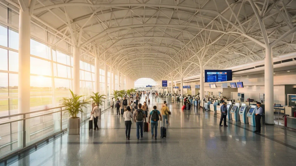 Sala partenze illuminata dal sole dell'aeroporto internazionale Tancredo Neves (CNF) a Confins, in Brasile, con capriate ad arco e viaggiatori.