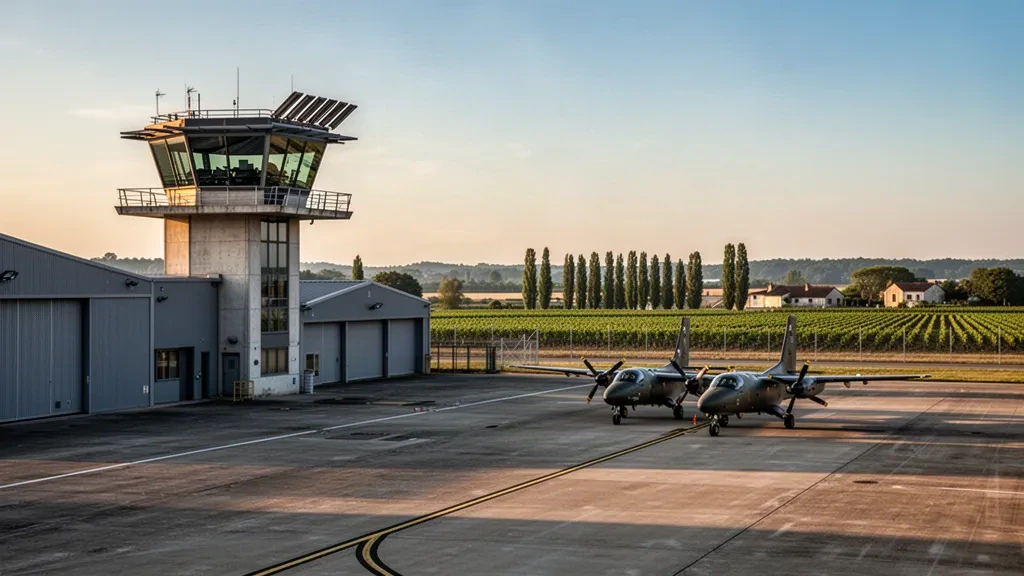 Blick zur goldenen Stunde auf die Fluglinie, Hangars und den Kontrollturm am Militärflugplatz Cognac-Châteaubernard in der Charente, Frankreich
