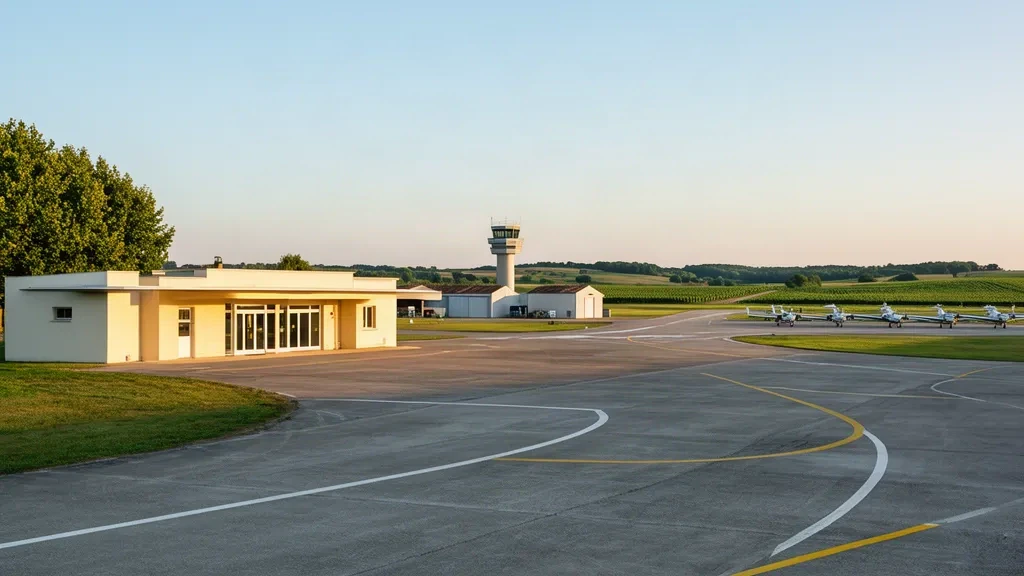 Edificio del terminal e piazzale della base aerea di Cognac-Châteaubernard (BA 709) in Charente, Francia