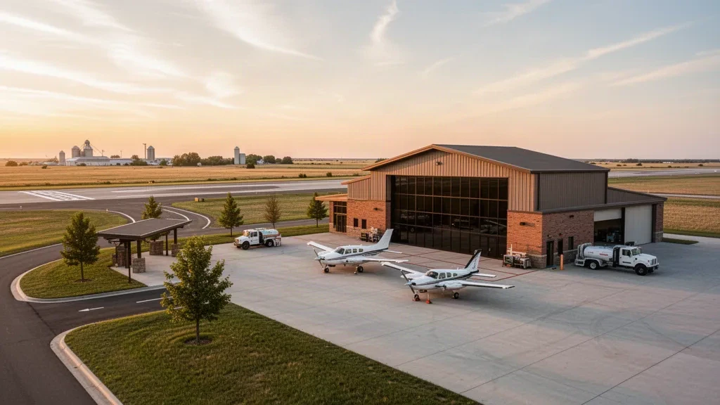 Piccolo terminal aeroportuale municipale e piazzale aeromobili all'aeroporto Blosser Municipal vicino a Concordia, Kansas, durante l'ora dorata sotto l'ampio cielo della prateria.