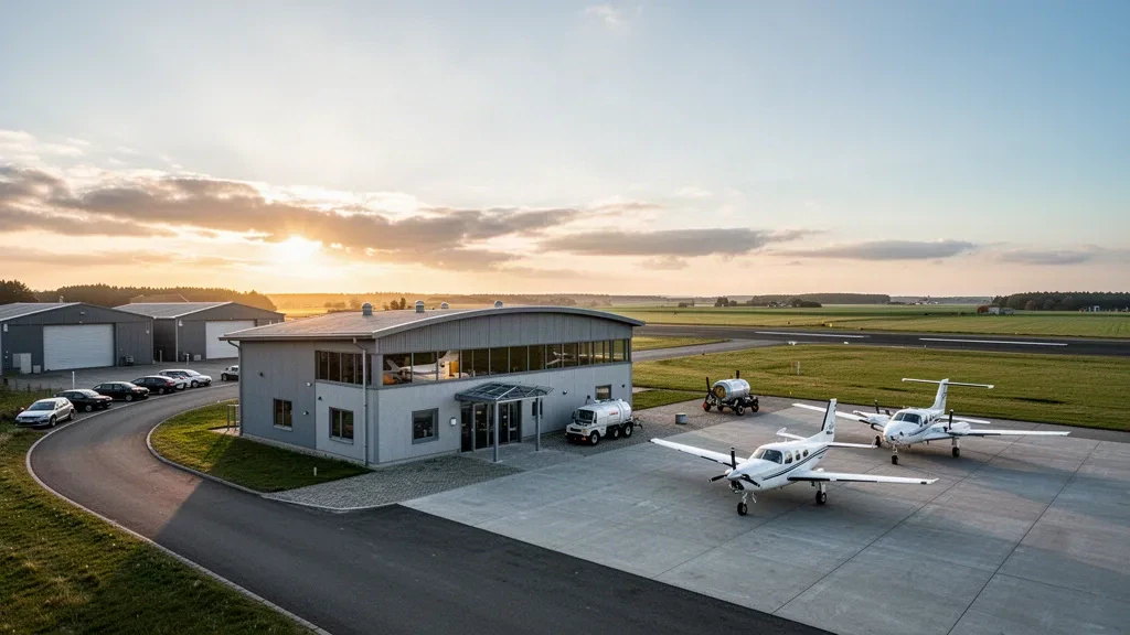 Piccolo terminal di aerodromo regionale danese presso l'Aeroporto di Sindal con aerei leggeri parcheggiati sul piazzale durante l'ora dorata