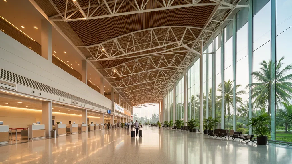 Sunlit departure hall interior of Kannur International Airport in Kerala, India, with wooden ceiling slats and glass walls