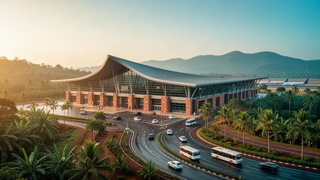 Außenansicht eines modernen Terminals am Kannur International Airport in Kerala, mit geschwungenen Dachlinien, Palmen und warmem Licht zur goldenen Stunde