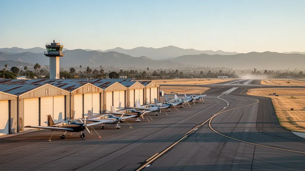 General aviation hangars, parked light aircraft and a control tower on the sunny apron at Chino Airport in Southern California.