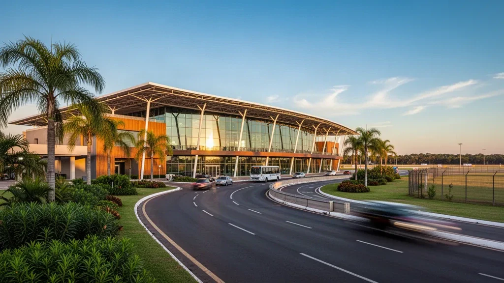 Modern glass terminal and drop-off lanes at Corrientes Airport in Argentina, framed by palms in warm golden hour light.