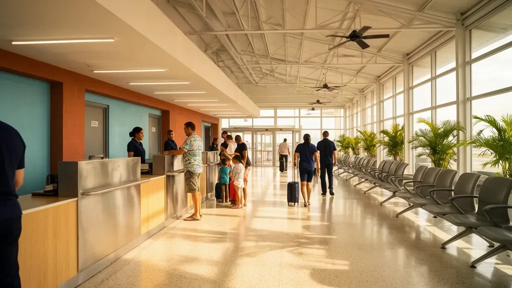 Travellers and check-in counters inside the bright, modern terminal interior of Corrientes Airport (CNQ) in Argentina