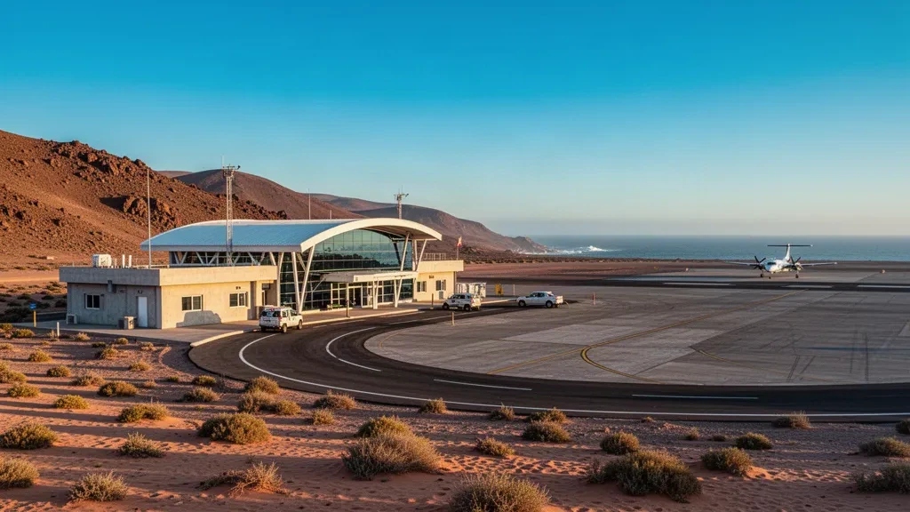 Terminal des Flughafens Chañaral, Vorfeld und Wüstenlandebahn in der chilenischen Region Atacama im warmen Licht der goldenen Stunde