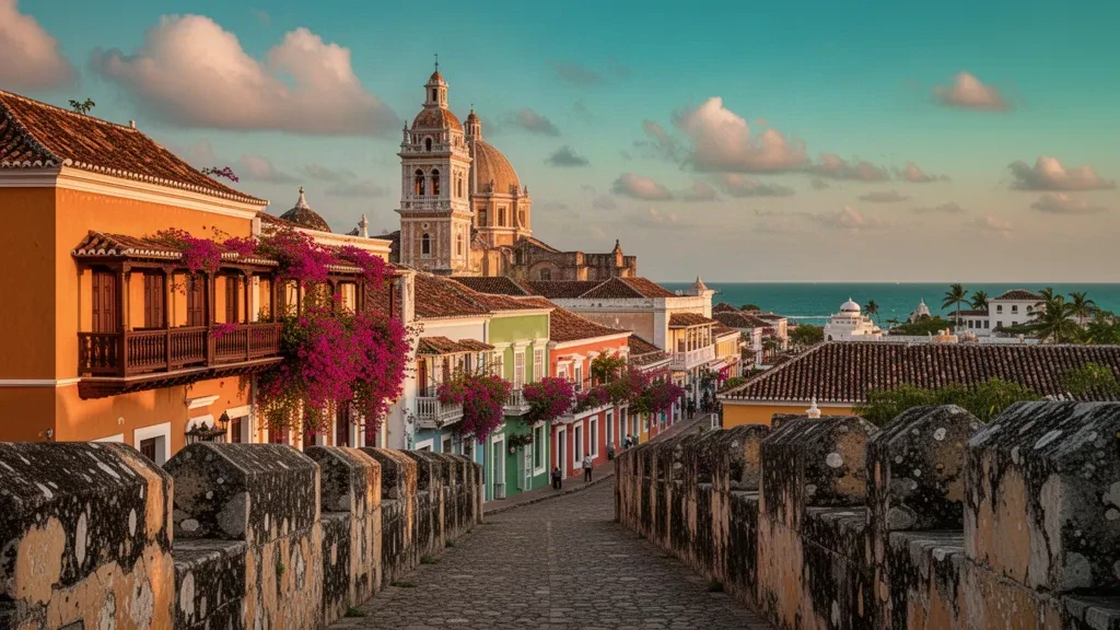 Vue à l'heure dorée sur la vieille ville de Carthagène des Indes en Colombie, avec ses façades coloniales colorées au-dessus des remparts historiques