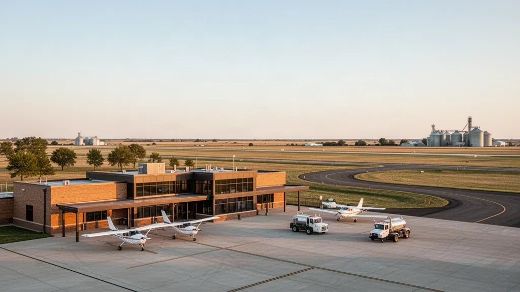 Terminal d'un seul niveau, aire de stationnement des aéronefs et avions légers à l'aéroport Chanute Martin Johnson au Kansas sous un ciel de prairie à l'heure dorée