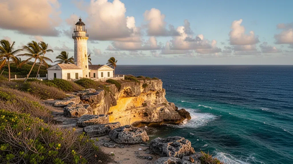 Il faro di Ragged Point sulle scogliere atlantiche battute dal vento di Saint Philip, Barbados, illuminato dalla calda luce del tardo pomeriggio