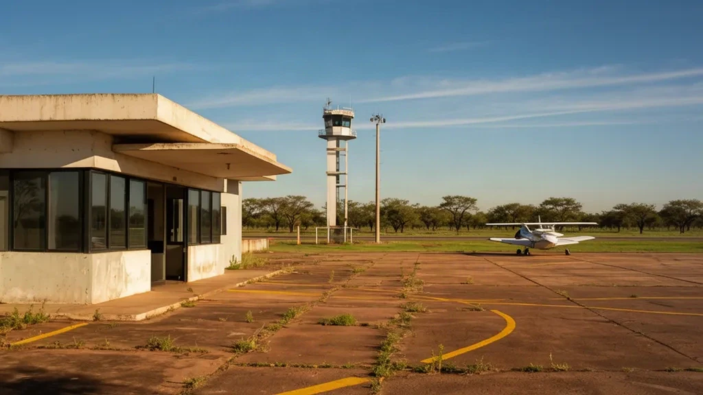 Kleines Regionalflughafen-Terminalgebäude, Kontrollturm und abgestellte Leichtflugzeuge auf dem Vorfeld des Flughafens Charata in Chaco, Argentinien, an einem sonnigen Tag