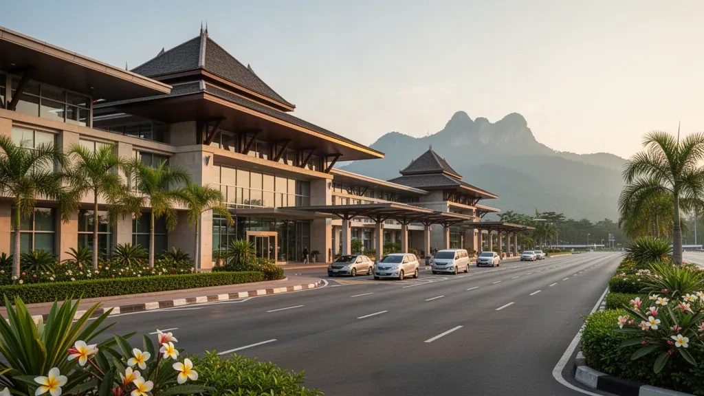 Modern terminal exterior and curbside drop-off lane at Chiang Mai International Airport with tropical greenery and misty Doi Suthep mountains behind