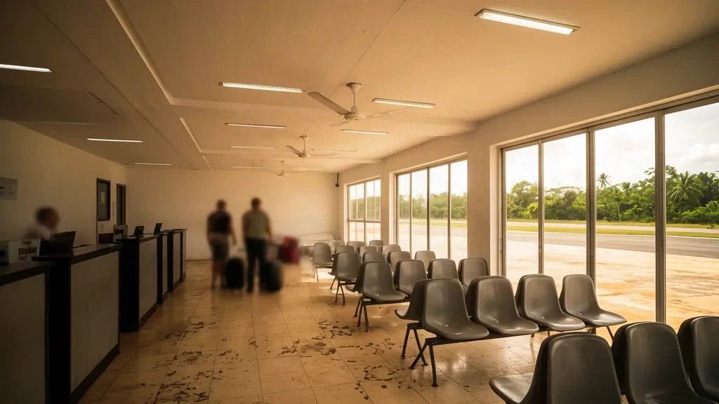 Sunlit waiting area and check-in counters inside the small passenger terminal of Sócrates Rezende Airport in Canavieiras, Bahia