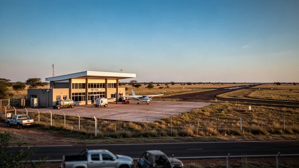 Edificio terminal basso e piccola piazzola di sosta in un aerodromo regionale del Chaco, Argentina, durante l'ora dorata con terreni agricoli pianeggianti e cielo sereno oltre.