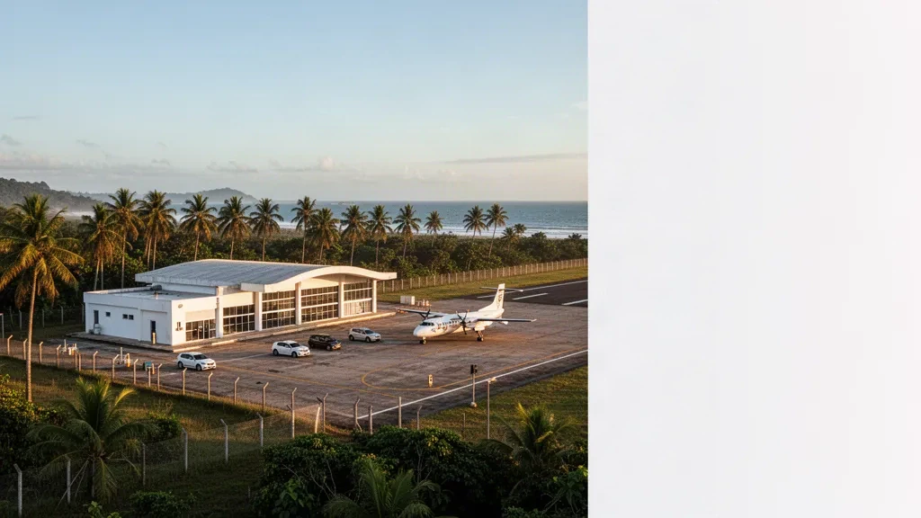 Küstenterminal, Vorfeld und Startbahn am Flughafen Socrates Rezende in Canavieiras, Bahia, in warmem tropischem Licht am späten Nachmittag
