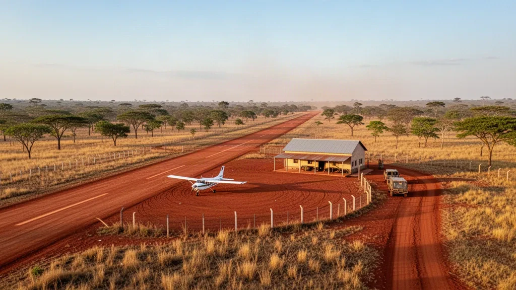 Ländliche Lateritpiste und Kleinflugzeug am Flughafen Cangamba in der Provinz Moxico, Angola, umgeben von offener Savanne zur goldenen Stunde.