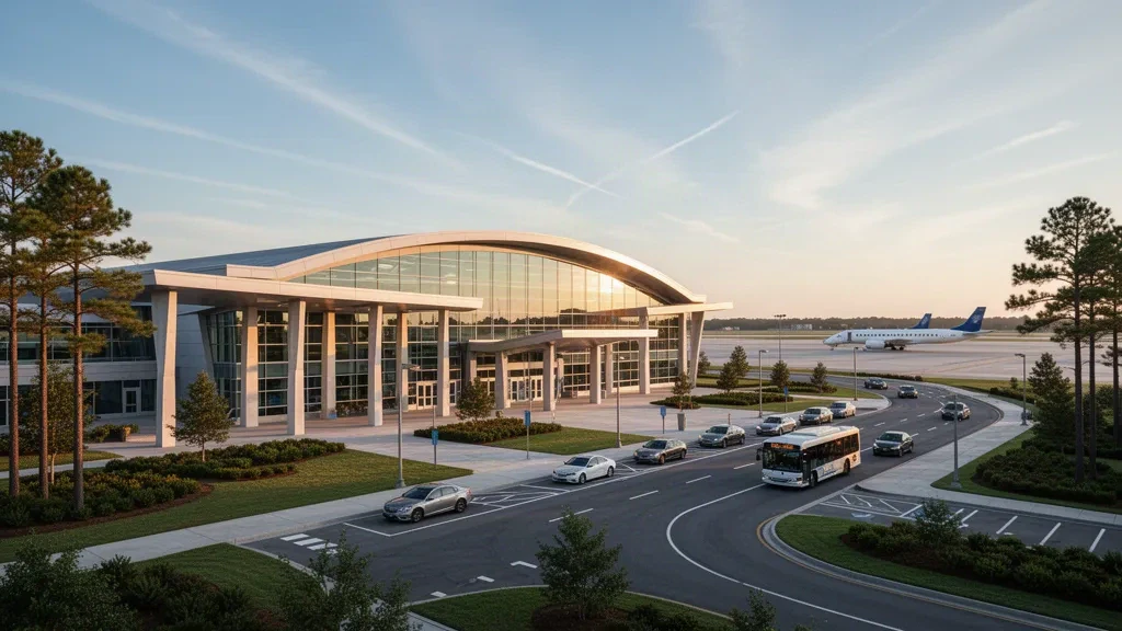 Modern glass terminal and curbside drop-off lanes at Columbia Metropolitan Airport in warm golden-hour light
