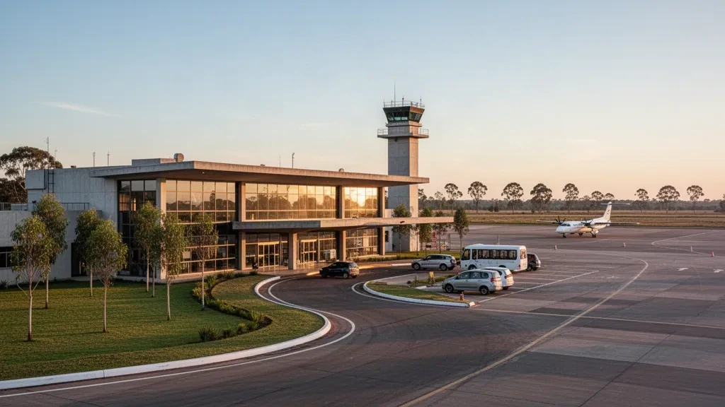 Modern terminal and forecourt of Comodoro Pierrestegui Airport in Concordia, Entre Ríos, under warm late-afternoon light.