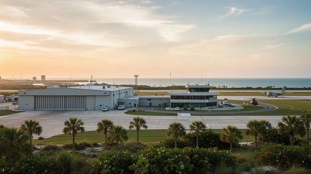 Campo di aviazione costiero, hangar e pista presso la Patrick Space Force Base vicino a Cocoa Beach, Florida, nella calda luce dell'ora d'oro