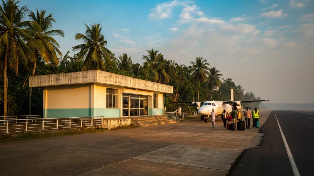 Edificio terminal de baja altura, plataforma y avión turbohélice en el aeropuerto de Cooch Behar, en Bengala Occidental, bajo una cálida luz de final de la tarde