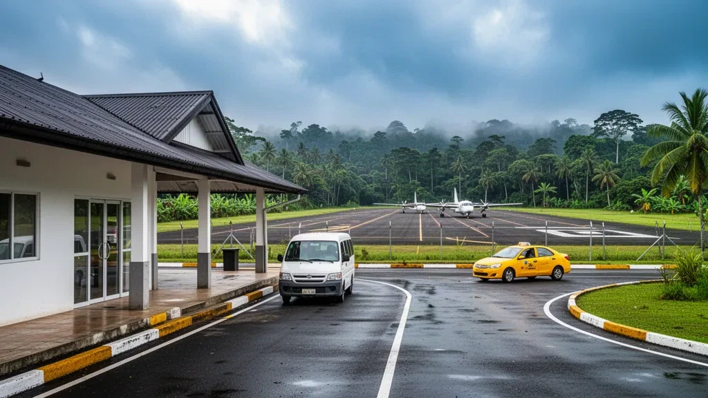 Terminal tropical et piste à l'aéroport de Mandinga à Condoto, Chocó, Colombie, entourés de forêt tropicale sous une lumière humide d'après-midi
