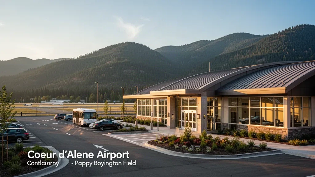 Esterno moderno del terminal dell'aeroporto di Coeur d'Alene - Pappy Boyington Field in Idaho, con montagne e luce dell'ora d'oro.