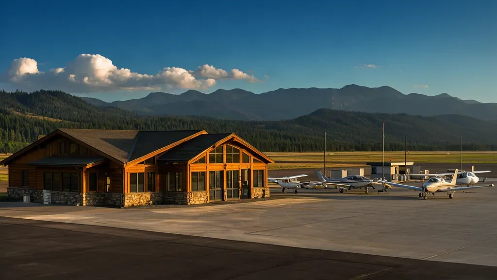 Idaho, Hayden yakınlarındaki Coeur d'Alene Havalimanı – Pappy Boyington Field'da çam kaplı tepelerle çevrili genel havacılık terminali ve uçak apronu