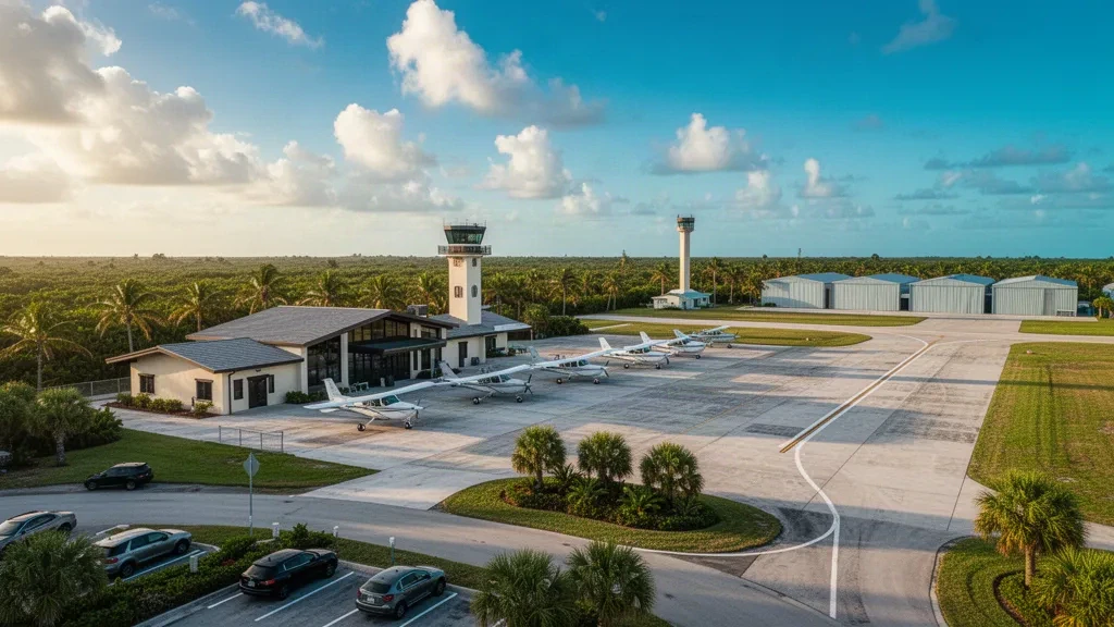 Petit terminal d'aviation générale, hangars et aéronefs légers sur l'aire de trafic de l'aéroport de Merritt Island en Floride sous un ciel côtier lumineux