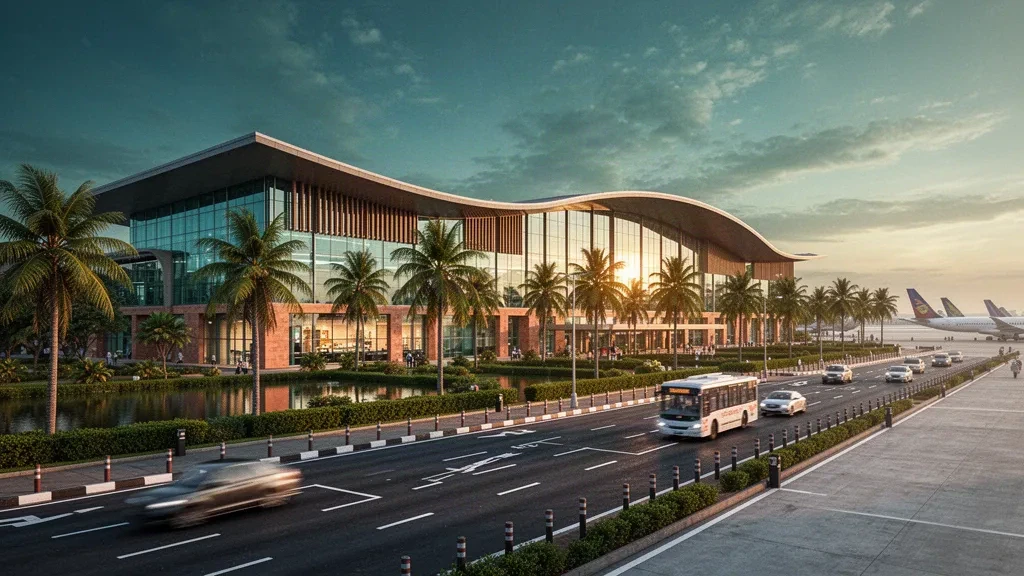 Moderne Glasfassade des Terminals und von Palmen gesäumte Zufahrtsstraße am Cochin International Airport in Kochi, Kerala, zur goldenen Stunde