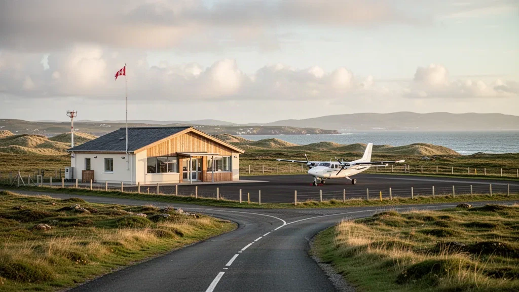 Remote island airfield terminal and runway at Coll Airport on the Isle of Coll, Inner Hebrides, Scotland