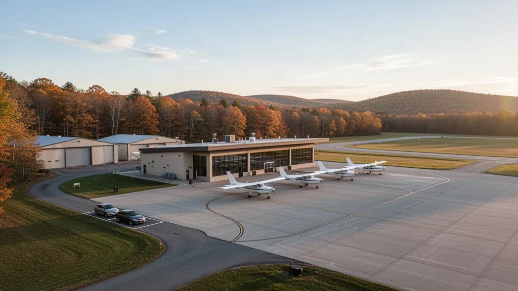 Golden-hour view of Concord Municipal Airport in New Hampshire, with a small terminal, hangars and light aircraft parked on the apron.