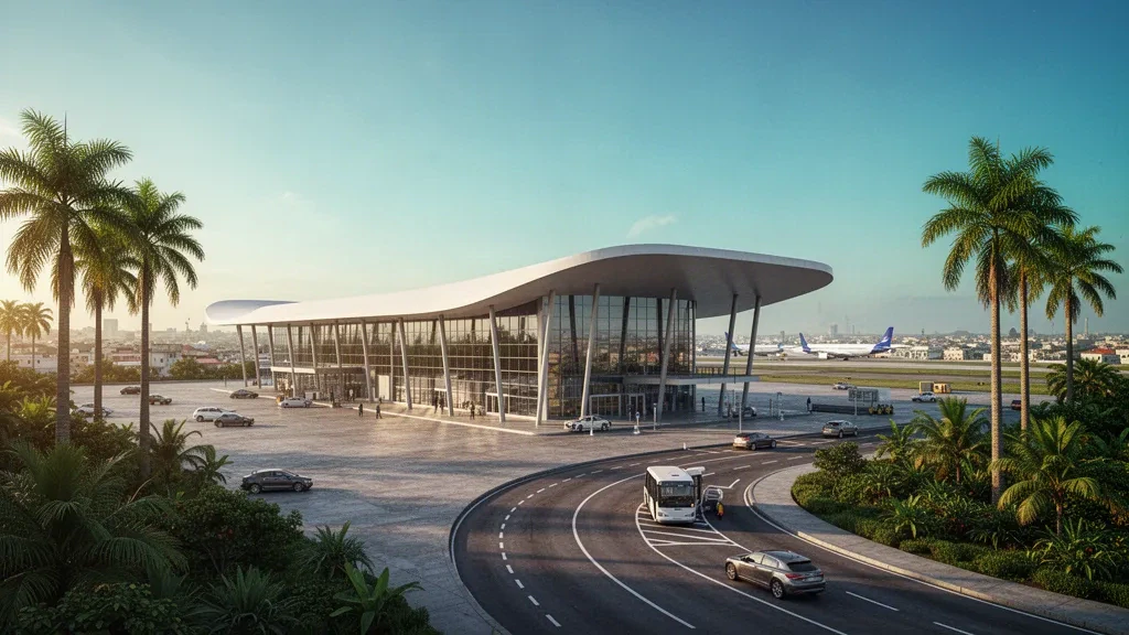 Modernes Glas-Terminal und Palmen am internationalen Flughafen Cotonou Cadjehoun in Benin bei warmem tropischem Licht