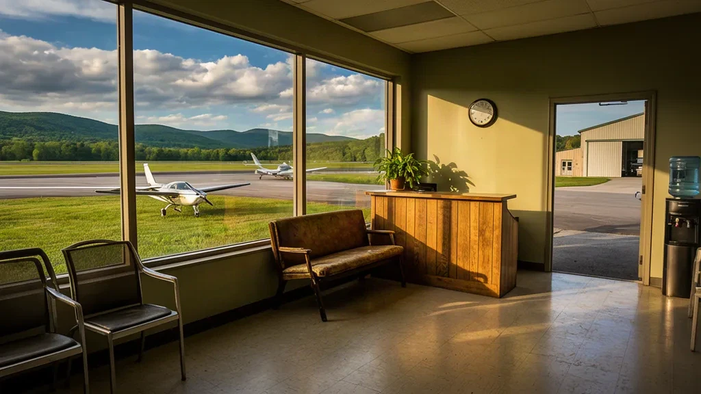 Interior de una pequeña terminal de aviación general en el Aeropuerto Cooperstown-Westville con pista y aeronaves estacionadas visibles a través de grandes ventanales