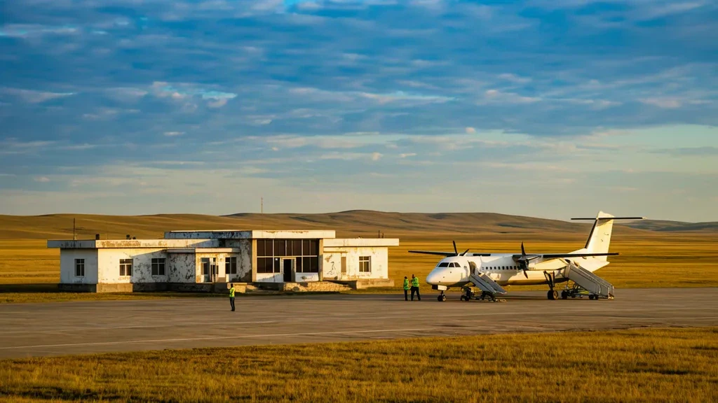 Piccolo edificio terminal e aereo turboelica sul piazzale dell'aeroporto di Choibalsan nella steppa orientale della Mongolia durante l'ora d'oro