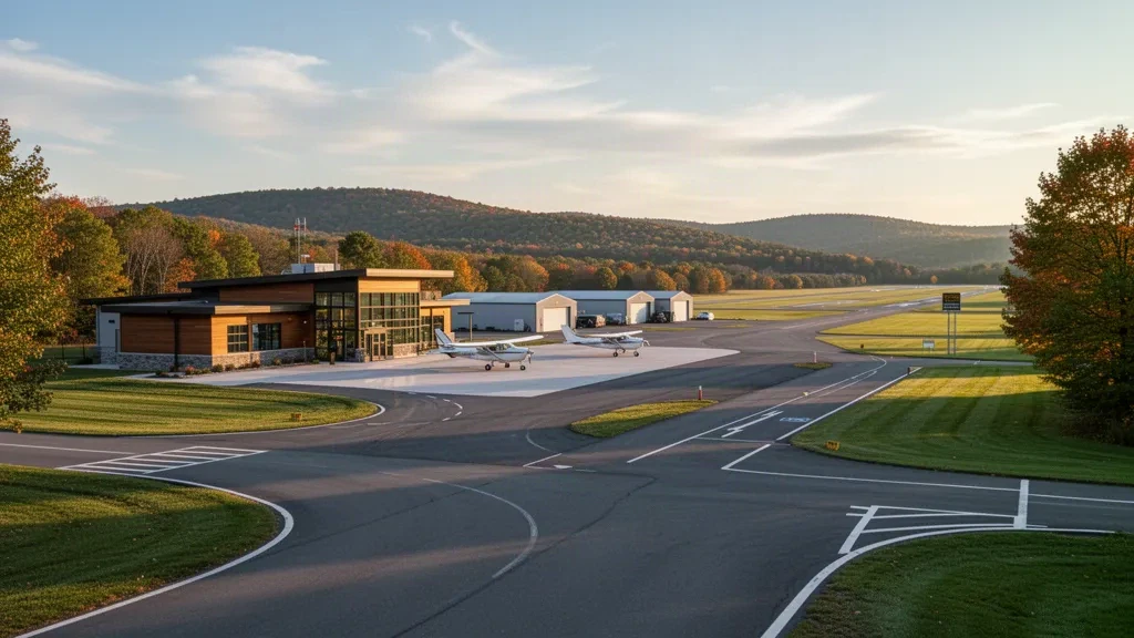 Piccolo aeroporto di aviazione generale a Cooperstown, New York, con pista pavimentata, hangar e aerei parcheggiati durante l'ora d'oro.