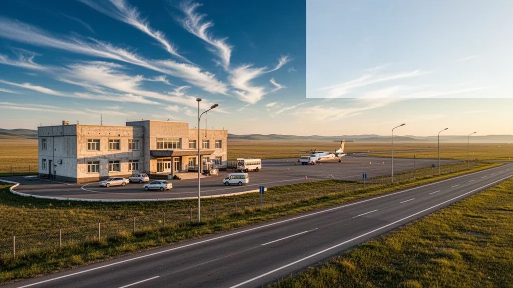 Altın saatte Moğolistan bozkırındaki Choibalsan Havaalanı'nın alçak terminal binası ve açık park alanının geniş görünümü