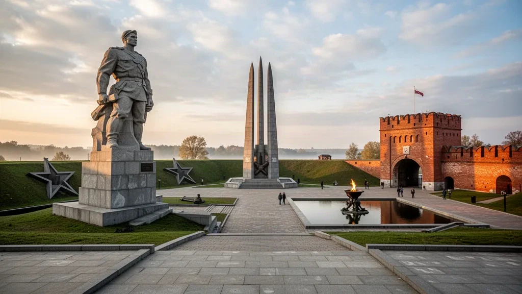 Memorial de la Fortaleza Heroica de Brest en Bielorrusia, con la estatua de granito del Coraje, el obelisco de la bayoneta y la puerta de ladrillo de Kholm a la hora dorada