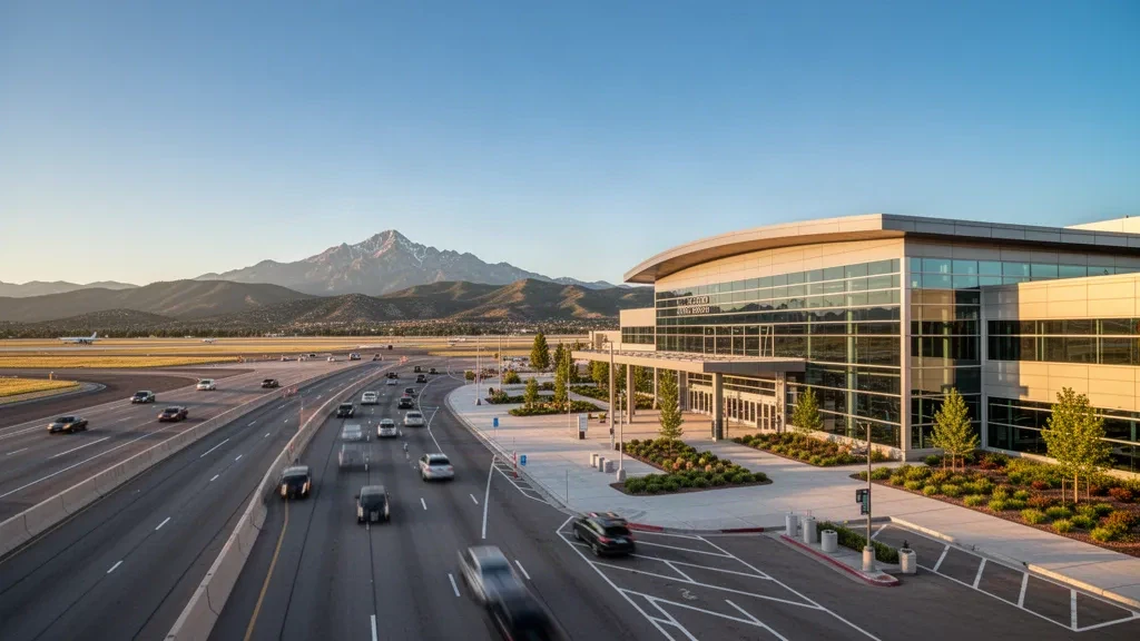 Modernes Terminal und Bringspuren am Colorado Springs Airport mit dem Pikes Peak im Hintergrund zur goldenen Stunde.