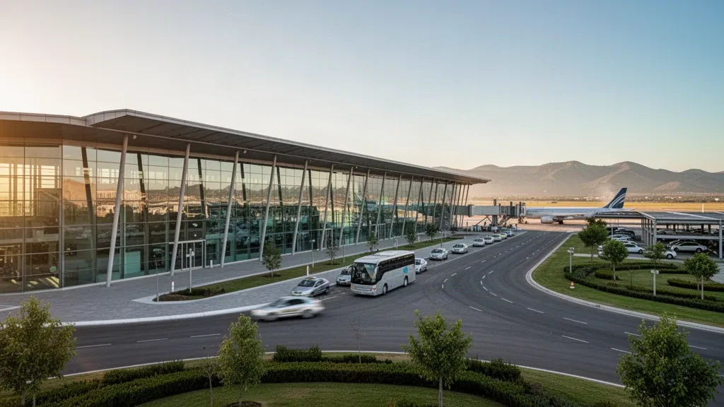 Esterno moderno del terminal in vetro e corsia di scarico all'aeroporto internazionale Ingeniero Aeronáutico Ambrosio L.V. Taravella di Córdoba durante l'ora d'oro