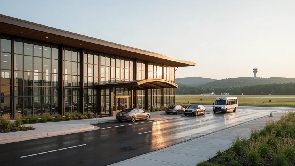 Modern glass terminal and curbside drop-off lane at Columbia Regional Airport in Missouri at golden hour