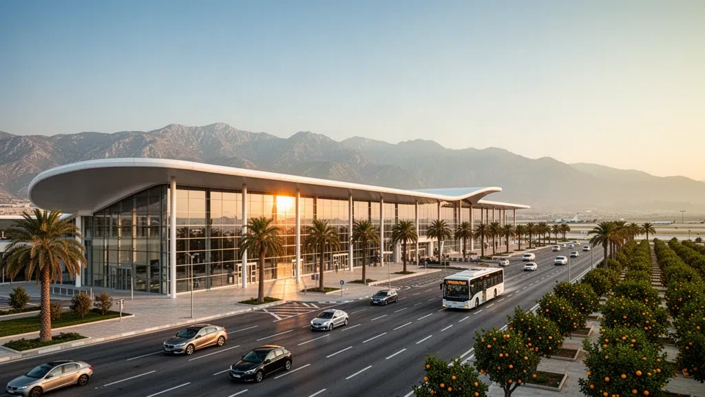 Modern glass terminal exterior at Çukurova International Airport near Mersin, with curved rooflines and warm golden-hour light