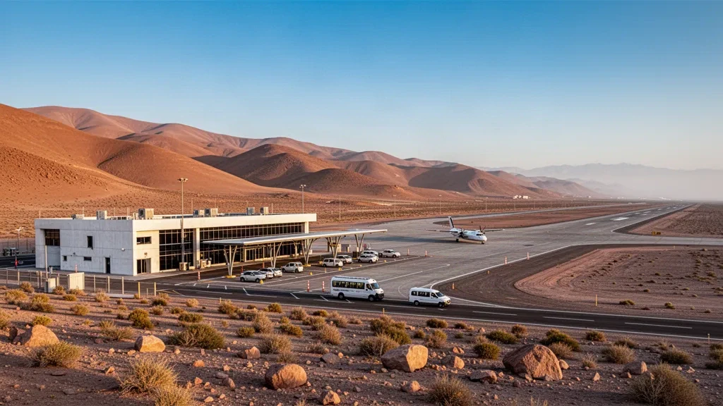 Small modern terminal and runway at Tambillos Airport in Coquimbo, Chile, framed by arid desert hills under clear afternoon light.