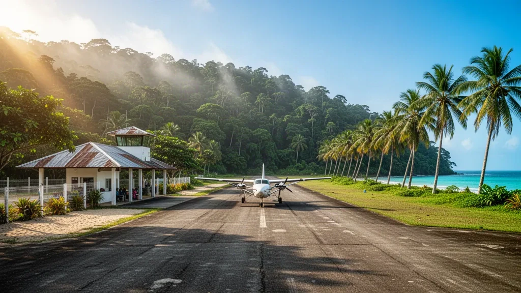 Small propeller aircraft on the short tropical runway of Capurganá Airport, framed by Caribbean jungle and palm trees on Colombia's Chocó coast.