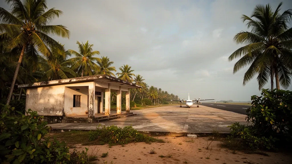 Low-slung terminal and palm-lined apron at Cape Palmas Airport in Harper, Liberia, under warm tropical coastal light