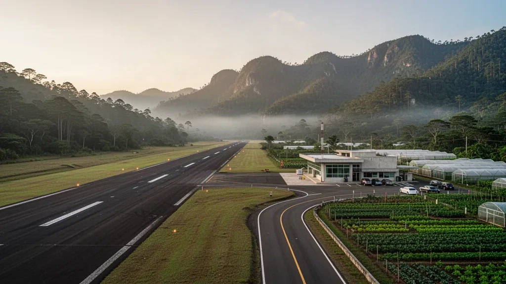 Kleine Gebirgslandebahn und Terminal in Constanza, Dominikanische Republik, umrahmt von Kiefernkämmen der Cordillera Central