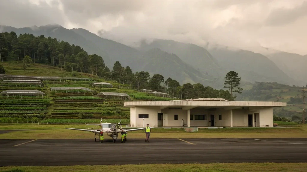 Schlichtes Terminalgebäude und Vorfeld am Nationalflughafen Expedición 14 de Junio in Constanza, umgeben von Bergkämmen der Cordillera Central.